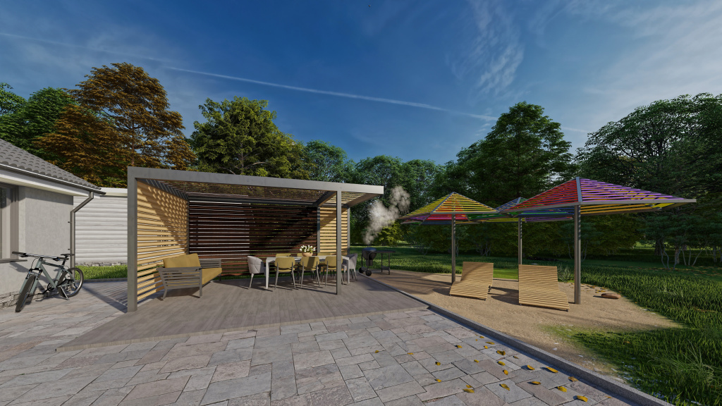 Пергола и зонтики из ламелей Еврожалюзи с горизонтальной крышей-жалюзи Пергола и зонтики из ламелей Еврожалюзи с горизонтальной крышей-жалюзи