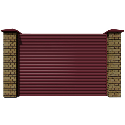 Секция забора жалюзи из ламелей еврожалюзи RAL3005 Красное Вино красная полиэфирная эмаль с кирпичными столбами анфас