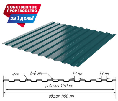 Профнастил (профлист) С-8 RAL6026 Опал 0.40мм эконом ширина 1.19(1,15)м с размерами профиля